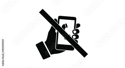 A hand holding a smartphone with a prohibition sign silhouette