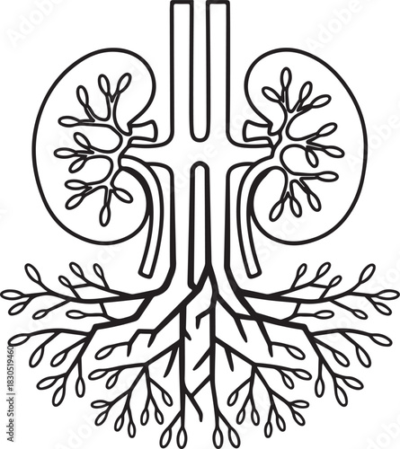Stylized kidney illustration with root system connected to the ureters