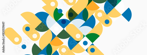 Abstract geometric shapes, circles, semicircles, vibrant colors. Composition suggests movement, playful design, modern aesthetic.