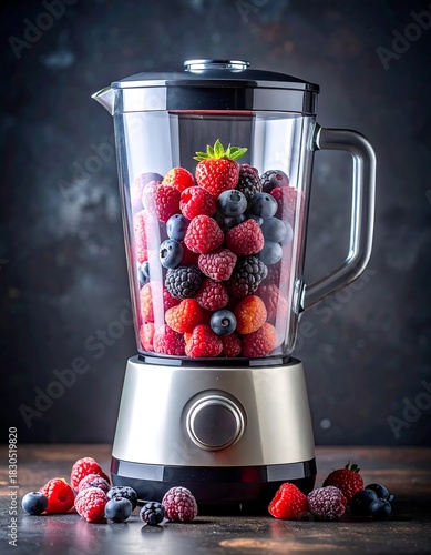 A close-up shot of a transparent blender, brimming with vibrant red, blue, and black berries, on a dark backdrop