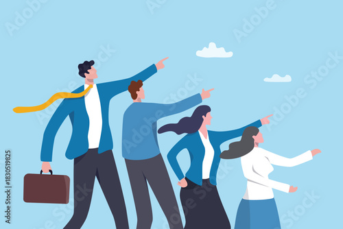 Attitude or executive authority, company objective or corporate guidance, aiming same target or goal, challenge future ahead, motivation , businessman, woman pointing to the same direction.