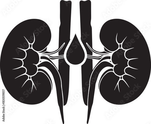 Black and white kidney illustration with drop for medical or healthcare use