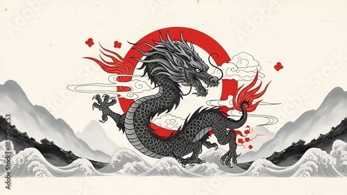 Majestic black dragon illustration, fiercely guarding a vibrant red sun. Symbolizing mythical power, cultural energy, amidst stylized clouds and serene traditional mountains