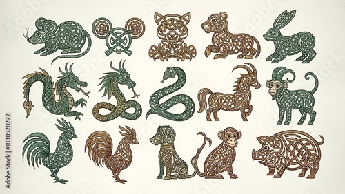 A complete set of the twelve Chinese zodiac animals, intricately designed in a traditional folk paper-cut art style