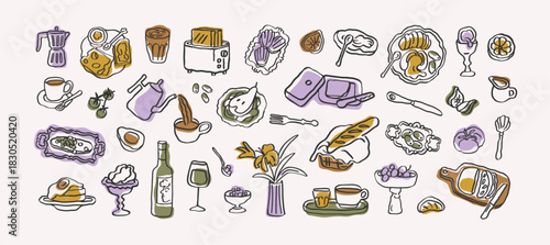 Breakfast food set. Modern hand-drawn doodle style, sketchy moka pot, coffee cup, baguette, egg, fruit, pancakes, snacks and utensils. Playful whimsical drawings. Isolated vector illustrations