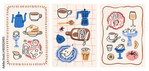 Breakfast food and drinks, doodle poster designs set. Coffee cup, morning snacks, pancakes, sketchy drawings, whimsical line art cards. Handdrawn kitchen sketches. Hand-drawn vector illustrations