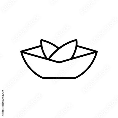 Outline drawing of a bowl containing two almond nuts on transparent background
