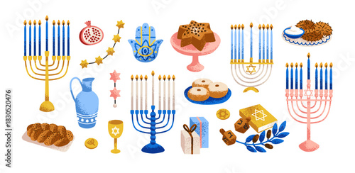 Hanukkah holiday set. Jewish festival food and decorations. Menorah with candle, dreidel, sufganiyah donut, challah bread, latkes, hamsa symbols. Flat vector illustration isolated on white background