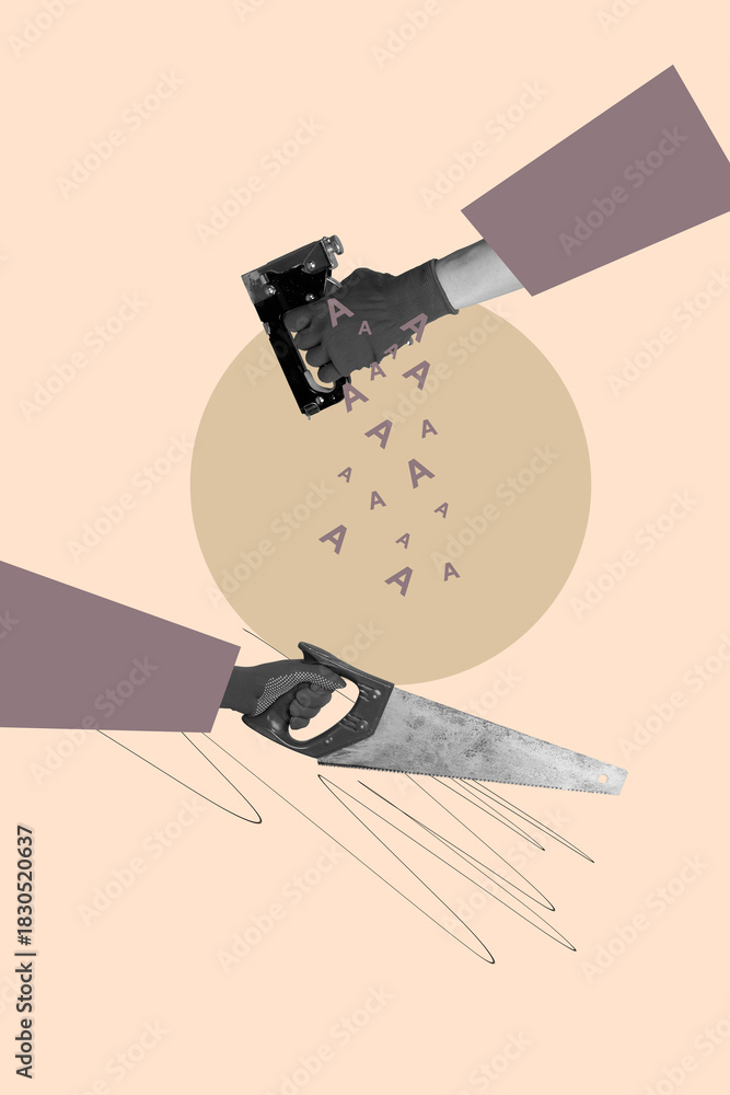 Naklejka premium Sketch vertical poster image collage of hands pour letters non-verbal communication speech bookworm hobby writer student learn