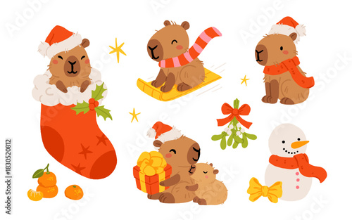 Set of cute christmas capybaras in different poses and winter items. Hand drawn cartoon flat vector style. Holiday seasonal decoration for design, kids collection, stickers