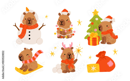 Set of cute christmas capybaras in different poses and winter items. Hand drawn cartoon flat vector style. Holiday seasonal decoration for design, kids collection, stickers