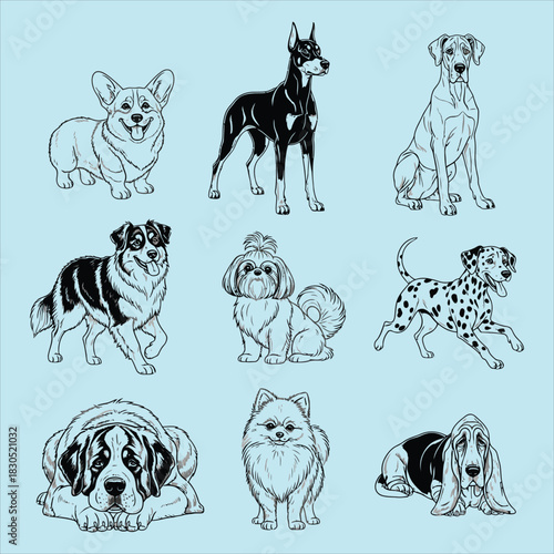 Various dog breeds character line art illustration design