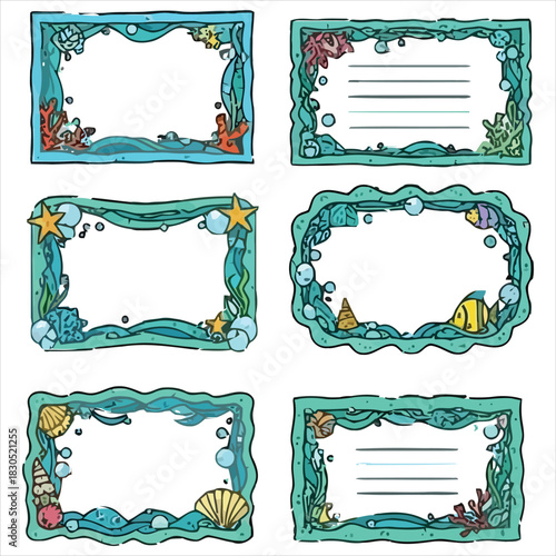 Underwater marine life doodle frames set for labels