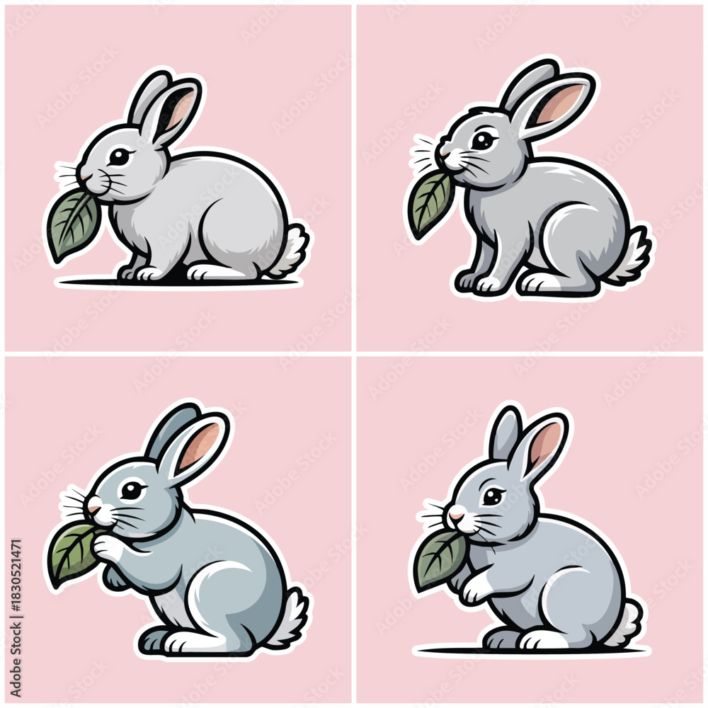 Fototapeta premium Charming Bunny Rabbit Character Illustration Set: Collection of Four Adorable Designs Holding and Nibbling on Green Leaves, Ideal for Healthy Eating, Spring Themes, and Garden Branding Graphics