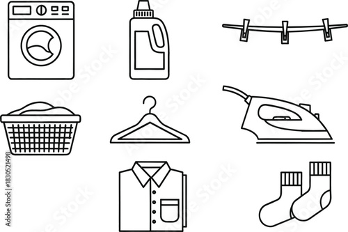Minimalist Laundry Line Icons, Clean Outlines, Home & Cleaning Set, Isolated