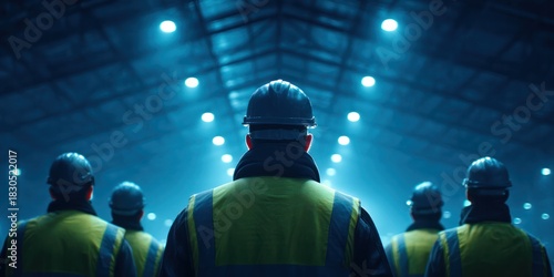 Group of construction workers in high-visibility vests and helmets standing inside a large illuminated industrial facility