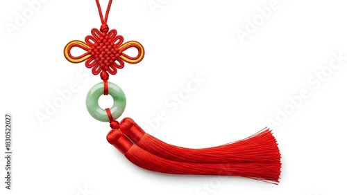 Red Chinese Knot and Jade Pendant isolated on White Background Symbol of Luck and Prosperity