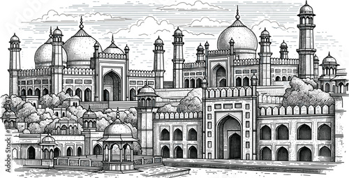 Mughal Lahore Grandeur Historic City Skyline Engraving – Vector Art Illustration