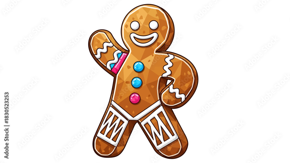 Obraz premium Cheerful gingerbread man waving hello, perfect for holiday promotions, festive designs, and sweet treat themed content, sure to bring holiday cheer