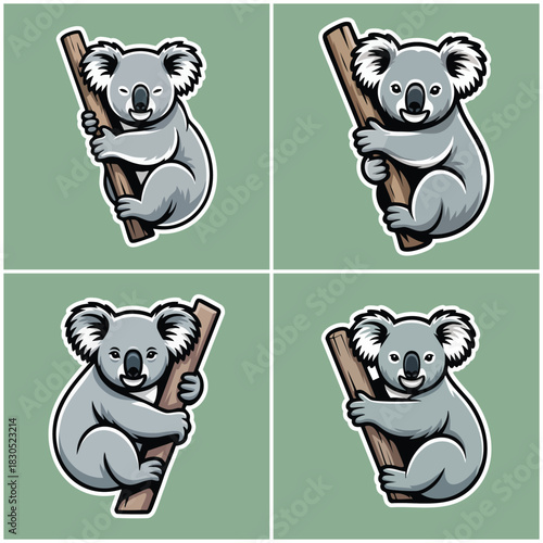 Charming Australian Koala Character Illustration Set: Collection of Four Cute Marsupial Designs Holding Tree Trunk, Ideal for Children's Products, Wildlife Branding, and Nature Graphics