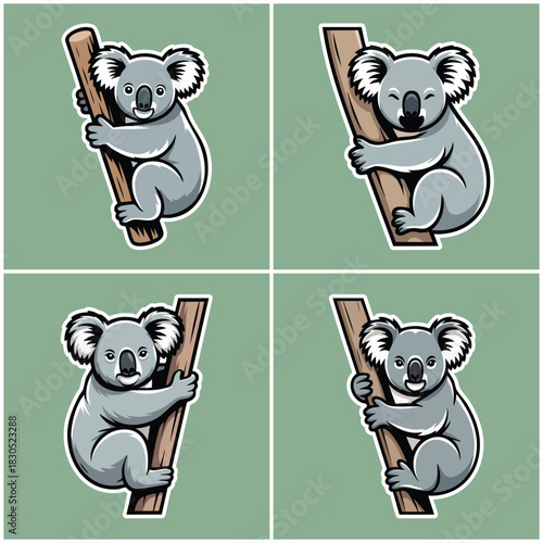Adorable Australian Koala Character Illustration Set: Collection of Four Cute Marsupial Designs Clinging to Tree Branch, Ideal for Zoo Logos, Children's Apparel, and Nature Conservation Graphics