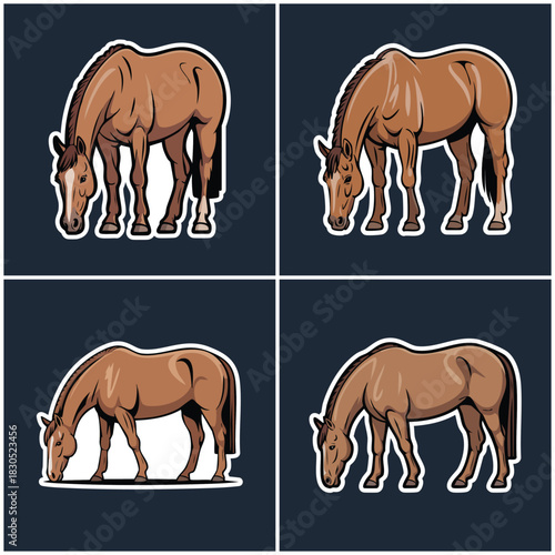 Horses grazing with transparent background