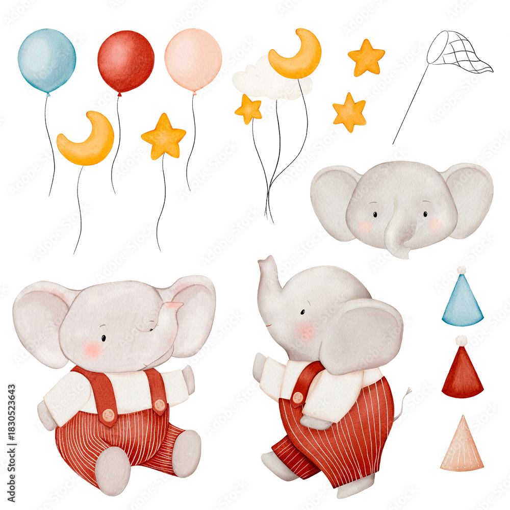 Fototapeta premium Watercolor birthday set with elephant and air balloons, stars