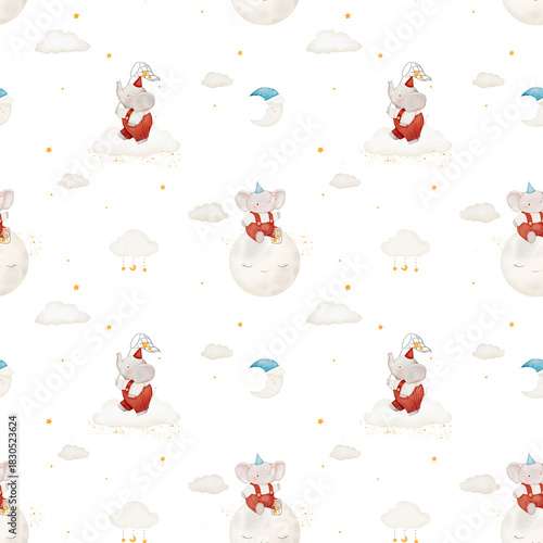 Seamless childish pattern with cute elephant, clouds, moon and stars
