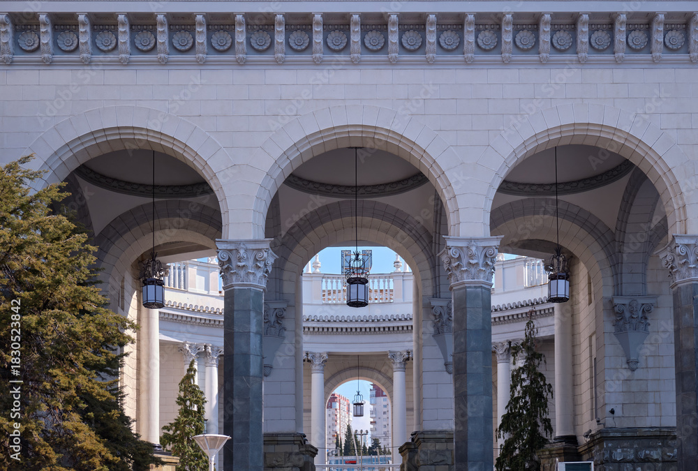 Naklejka premium View of colonnade and inner yard of Sochi railway station. Sochi. Krasnodar Krai. Russia