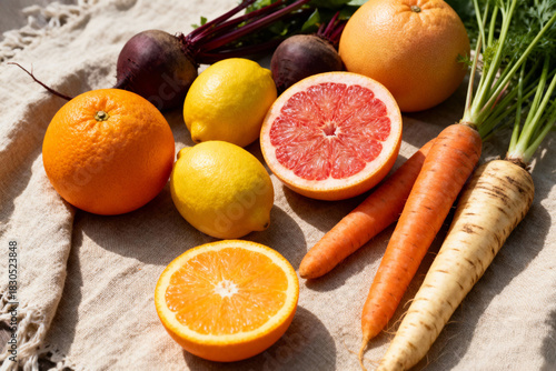 Vibrant citrus fruits and fresh root vegetables create a healthy and bright culinary display for wellness ideas