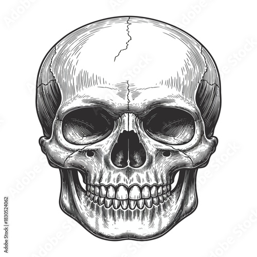 Vintage human skull illustration with open jaw and detailed lines