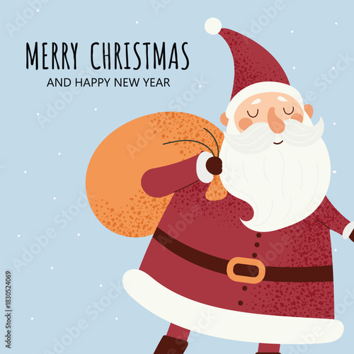 Christmas postcard and festive banner with Santa holding gift bag. Cute winter illustration with snowflakes on blue background. Merry Christmas and Happy New Year greeting design.