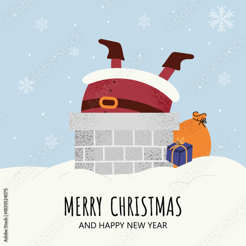 Christmas postcard and funny holiday banner with Santa stuck in chimney. Cute winter scene with snow, gifts and snowflakes. Merry Christmas and New Year illustration.