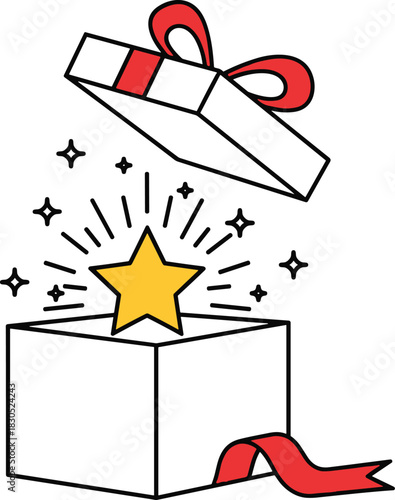 Open Gift Box with Shining Star, Surprise Present Vector Icon, Magic Bonus Reward, Red Ribbon, Celebration Graphic, Unboxing.