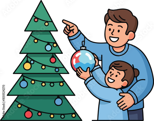 A cheerful father and son decorating a Christmas tree with colorful ornaments on a white background in a heartwarming holiday scene.