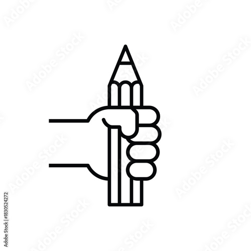 Hand holding a pencil. Vector icon. A hand clenches a large pencil in a fist. Illustration and drawing on white background.