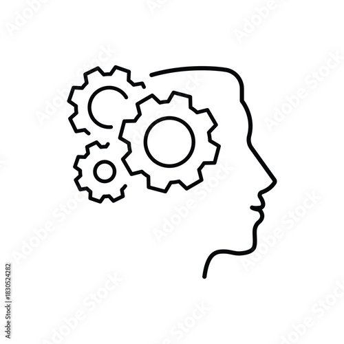 Human head with cogwheels inside linear icon. Artificial intelligence. Technology progress. Thin line illustration. Robot. Contour symbol. Raster isolated outline drawing