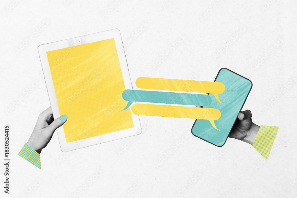 Naklejka premium Trend artwork collage template composite sketch of two hand hold smartphone tablet messenger app speech feedback thought communication