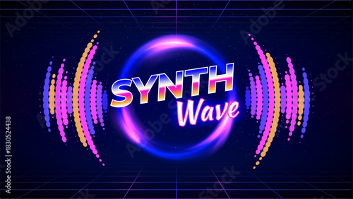 Retro futuristic background. Synthwave 3d 80s style, neon color. Shining neon circle, laser grid, audio signal waveform, wireframe floor, mesh plane. dark blue backdrop, template. Vector