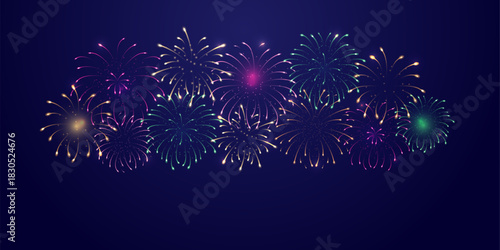 Realistic Fireworks on dart blue night background. Happy New year, Diwali, Birthday banner with copy space. Vector illustration