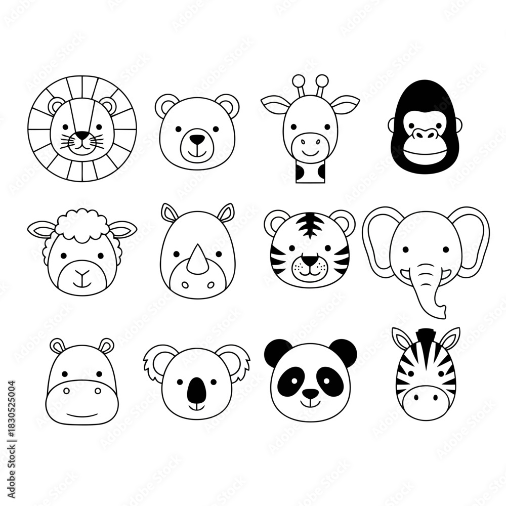 Fototapeta premium Collection of cartoon animal faces including lion, bear, giraffe, monkey, sheep, rhino, tiger, elephant, koala, panda, and zebra