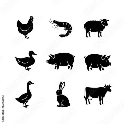 Black silhouettes of various farm animals including chicken, duck, sheep, pig, rabbit, and cow