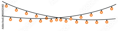 Two strings of orange light bulbs hanging against a white background in a festive arrangement style , glowing holiday lights garland bulbs, twinkling fairy lights glow