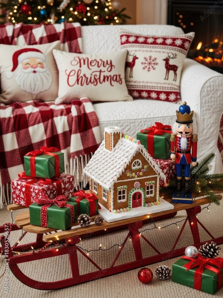 Obraz premium Cozy Christmas Living Room with Sled and Gifts