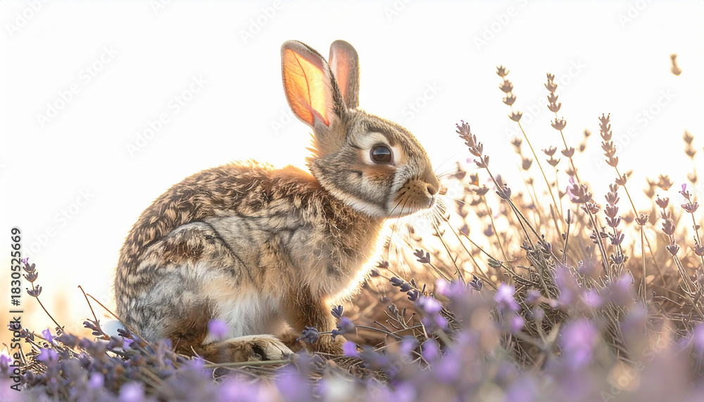 Fototapeta premium 朝日のラベンダー畑と茶色い子うさぎ