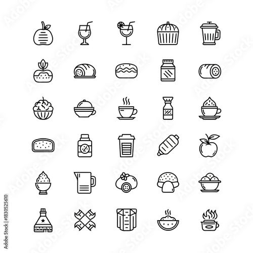 Collection of various food and drink icons including beverages, baked goods, fruits, and kitchen items