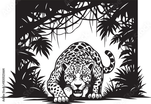 Black and white vector illustration of a jaguar in the jungle