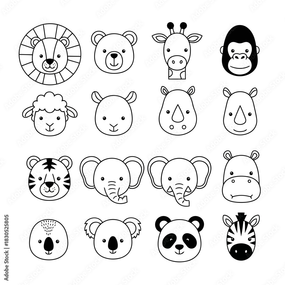 Fototapeta premium Cute cartoon animal faces in black and white line art style, including lion, bear, giraffe, monkey, sheep, rhino, tiger, elephant, hippopotamus, koala, panda, and zebra