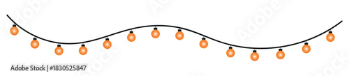 A string of orange halloween lights hanging on a black wire against a white background space for text , glowing holiday lights garland bulbs, twinkling fairy lights glow