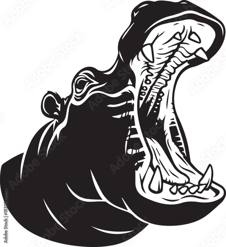 Bold Hippo Vector Illustration with Open Mouth and Powerful Teeth